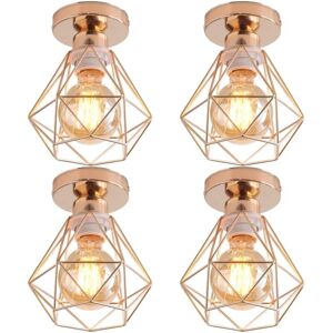 Wottes - 4-pack Industrial Vintage Ceiling Lamp Semi Flush Mount Ceiling Light Fixture Metal Cage Lampshade Light Gold Ø16cm