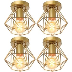 WOTTES 4-pack Industrial Vintage Ceiling Light Semi Flush Mount Ceiling Lamp Metal Cage Hanging Lighting Fixture Gold Ø16cm