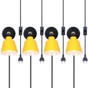 WOTTES 4-pack Industrial Wall Light Plug Wall Lamp with On/Off Switch Metal Wooden Wall Sconce Fixture Decoration Yellow Ø12cm
