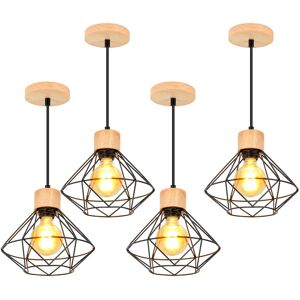 AXHUP 4 Pack Pendant Light Retro Vintage Chandelier Industrial Metal and Wood Cage Ceiling Light in Diamond Shape for Bedroom Living Room Black