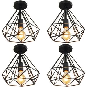 Wottes - 4-pack Vintage Ceiling Light Fixture Industrial Ceiling Lamp Metal Cage Pendant Light Black Diamond Lamp Shape Ø25CM