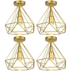 Wottes - 4-pack Vintage Ceiling Light Fixture Industrial Ceiling Lamp Metal Cage Pendant Light Gold Diamond Lamp Shape Ø25CM