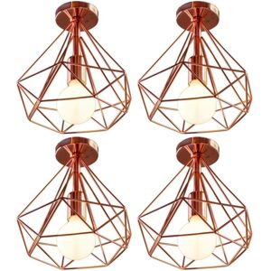 Wottes - 4-pack Vintage Ceiling Light Fixture Industrial Ceiling Lamp Metal Cage Pendant Light Pink Gold Diamond Lamp Shape Ø25CM