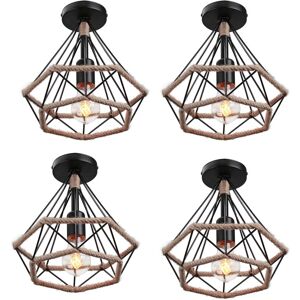 Axhup - 4pcs Industrial Pendant Light Retro Hemp Rope Chandelier with Metal Cage Vintage Ø25cm Dimaond Hanging Ceiling Lamp