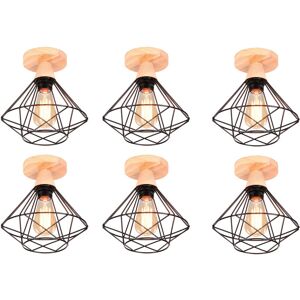Axhup - 6 Pack Diamond Shape Ceiling Light Industriel in Metal and Wood Modern Design Lamp for Escalier Corridor Entrance Black