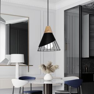 Axhup - Chandelier Pendant Lamp Vintage Retro Cage Badminton Shape in Metal and Wood E27 25cm Ceiling Light Fixture Black