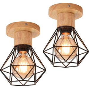 COMELY Set of 2 E27 Vintage Chandelier Ceiling Lights, Wooden and Metal Cage Style Ceiling Lamp, Retro Industrial Pendant Light Fixture for Living