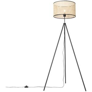 QAZQA Rustic Tripod Floor Lamp Black with Rattan Lampshade - Kata