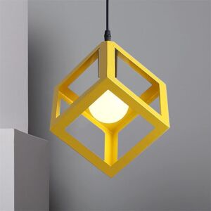 AXHUP Creative Square Pendant Light Metal Iron Cage Pendant Lamp Modern Geometric Hanging Lamp Retro Modern Ceiling Light (Color:Yellow)