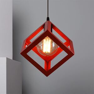 AXHUP Creative Square Pendant Light Metal Iron Cage Pendant Lamp Modern Geometric Hanging Lamp Retro Modern Ceiling Light (Color:Red)