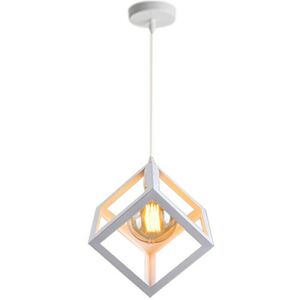 AXHUP Creative Square Pendant Light Metal Iron Cage Pendant Lamp Modern Geometric Hanging Lamp Retro Modern Ceiling Light (Color:White)