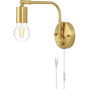 IKODM E27 Wall Light with Switch and Plug, Adjustable Gold and Metal Wall Lamp, Bedside Reading Lamp with Cable, Retro Industrial Indoor Lamp for Living