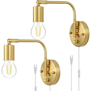 Ikodm - E27 Wall Light with Switch and Plug, Adjustable Gold and Metal Wall Lamp, Bedside Reading Lamp with Cable, Retro Industrial Indoor Lamp for