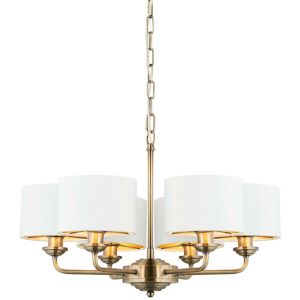 Highclere Multi Arm Shade Pendant Ceiling Lamp, Antique Brass Plate, Vintage White Fabric - Endon