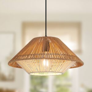 Ganeed - 1-Light Pendant Light, Brown Rattan Farmhouse Cone Pendant Light, Adjustable Height, Home Essentials, Kitchen, Bedroom, Indoor Lighting,