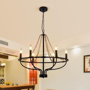 Ganeed - Black Wagon Wheel Chandelier, 6-Light Vintage Chandeliers with Wood Beaded, Round Farmhouse Adjustable Height Hanging Pendant Light Fixtures