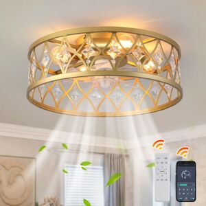 Ganeed - Caged Ceiling Fan with Lights Crystal Style Farmhouse Ceiling Lighting Low Profile Ceiling Flush Mount Lamp E27 with Remote Control Gold