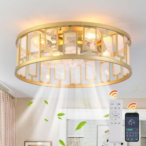 Ganeed - Caged Ceiling Fan with Lights Crystal Style Farmhouse Ceiling Lighting Low Profile Ceiling Flush Mount Lamp E27 with Remote Control Gold
