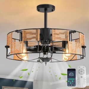 Ganeed - Ceiling Fans with Lights Industrial Style Farmhouse 50cm Boho Rattan Caged Lamp Hanging Pendant E27 with Remote Control Black 4 Lights