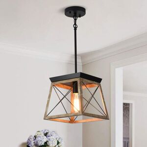 Ganeed - Farmhouse Pendant Light Metal Cage with Wooden Finish,1-Light Rustic Lantern Chandelier,Adjustable Height Hanging Light Fixture for Kitchen