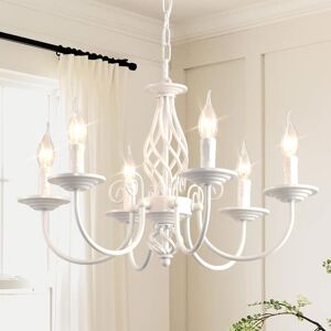Ganeed - French Country Chandeliers, 6 Light Vintage White Chandeliers Ceiling Light, Rustic Pendant Chandelier, Height Adjustable Farmhouse Pendant