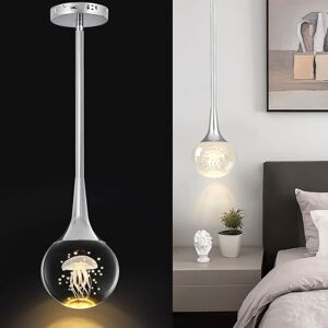 Ganeed - Mini Pendant Light, 5W Globe Metal Rod Pendant Lighting, Teardrop Crystal Pendant Light with Jellyfish, 1-Light Modern led Hanging Light