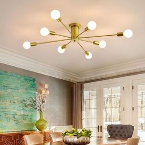 GANEED 8-Light Sputnik Ceiling Light Modern Semi Flush Mount Ceiling Light Mid Century Gold Chandelier Pendant Lighting for Kitchen Dining Room Bedroom