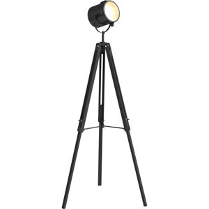 HOMCOM Industrial Tripod Floor Lamp Wood Height Adjustable Spotlight Black