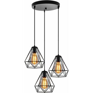 AXHUP Retro Pendant Lighting Fitting Black, Vintage Hanging Ceiling Light 3 Lights Spiral Metal Chandelier with Ø20cm Diamond Cage - Round Base