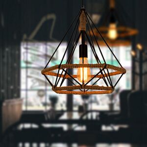 AXHUP Industrial Pendant Light Retro Hemp Rope Chandelier with Metal Cage Vintage Ø25cm Dimaond Hanging Ceiling Lamp