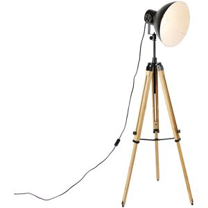 QAZQA Industrial Tripod Floor Lamp Black with Wood - Mangoes