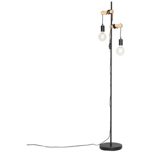 QAZQA Rustic Floor Lamp Black with Wood 2 Lights - Dami