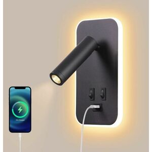 DEWDAT Led Wall Light, Bedside Reading Light with Switch, usb Charging Port, Bedroom Mood Lighting Adjustable Spotlight (13W 3000K) Black-1119CM