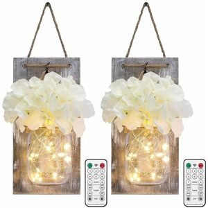 DEWDAT Mason Jar Wall Sconces with Remote, Rustic Bedroom Wall Decor Timer Artificial Flowers Battery Operated Hanging Lights with led Strip for Farmhouse