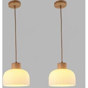 WOTTES Modern Ceiling Pendant Light Glass Wooden Hanging Lamp Indoor Chandelier Fitting Fixtures Ø20CM 2Pcs