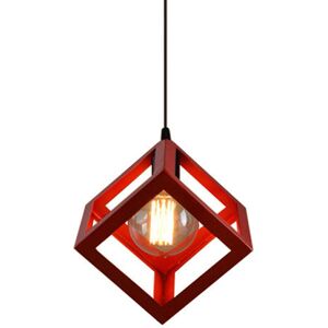 AXHUP Creative Square Pendant Light Modern Metal Geometric Hanging Ceiling Lamp Cube Cage Chandelier Fixture (Red)