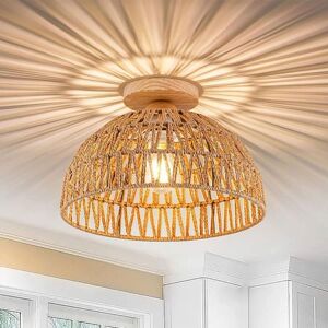 IKODM Modern Semi Flush Mount Ceiling Light, Boho Semi Flush Mount Ceiling Pendant Light Wooden E27 Base Rattan Basket Lampshade Handwoven Bamboo Lamp