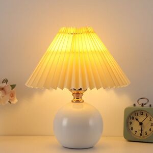 Tonchean - Nordic Bedside Lamp, Small Table Lamp Warm Light E27, Pleated Fabric Lampshade Ceramic Base, White Ceramic + Khaki Lampshade'