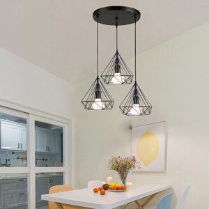 AXHUP Modern Chandelier Retro Industrial Pendant Light Diamond Metal Shade 3 Lights Nostalgic Ceiling Light Vintage Pendant Lamp Black