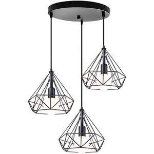 Axhup - Retro Contemporary Chandelier Industrial Pendant Light Diamond Metal Shade 3 Lights Nostalgic Ceiling Light Vintage Pendant Lamp Black