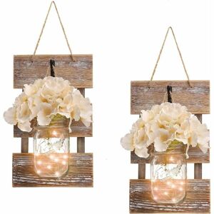 DEWDAT Rustic Wall Sconces - Mason Jars Wall Sconces, Rustic Decor, Wrought Iron Hooks, Silk Hydrangeas and led Strips, Home Decor with 6 Hour Timer (Set of