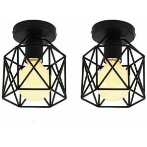 Dewdat - Set of 2 Industrial Metal Square Cage Ceiling Light, Chandelier Iron Shade Light Fixture E27 40W Black for Living Room Bedroom Bar