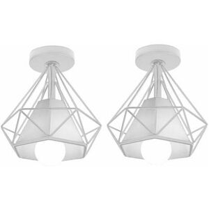Dewdat - Set of 2 Retro Industrial Ceiling Light Cage Diamond Shape Metal Iron Chandelier Pendant Lamp for Living Room Bedroom Kitchen (White)