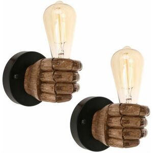 DEWDAT Set of 2 Vintage Industrial Wall Light Wooden Fist Lamp E27 for Bedroom Washbasin Corridor Restaurant - Right Hand - Brown pagne