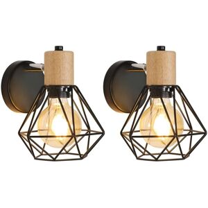 BEIJIYI Set of 2 Vintage Industrial Wall Lights, 360° Adjustable Wooden Wall Lamp, E27 Metal and Iron Cage Wall Lights for Bedroom, Hallway, Living Room, Max