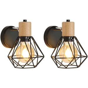 TINOR Set of 2 Vintage Industrial Wall Sconces, 360° Adjustable Wooden Wall Lamp, E27 Metal and Iron Cage Wall Light Fixtures for Bedroom Hallway Living