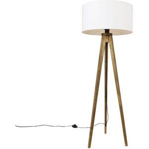 QAZQA Rustic Tripod Vintage Wood with White Lampshade 50 cm - Tripod Classic