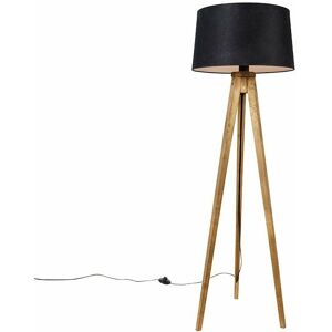 Qazqa - Rustic Tripod Vintage Wood with Black Linen Lampshade 45 cm - Tripod Classic