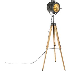 QAZQA Tripod Floor Lamp Black with Wooden Studio Spot - Radient