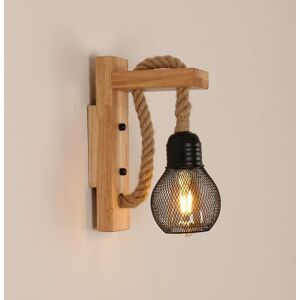TONCHEAN Vintage Industrial Wall Sconce, Retro Rustic Wood Wall Lamp, Black Metal Cage Shade, Indoor Hemp Rope Wood Wall Light for Bedroom, Living Room (No